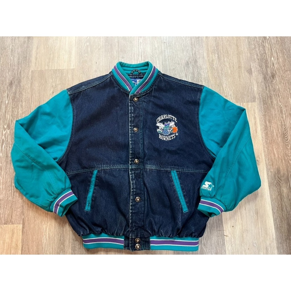 Rare Vtg Starter Charlotte Hornets NBA Denim Varsity Jacket Size M